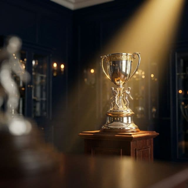 Championship trophy under golden spotlight